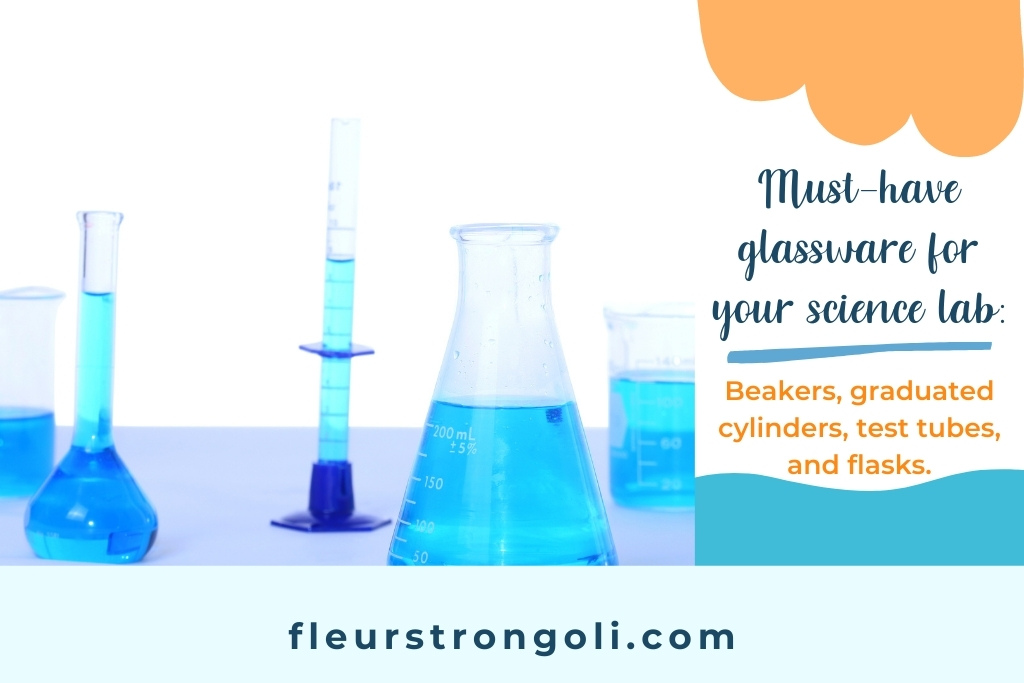 glassware examples with picture of graduated cylinder, flask, and beaker