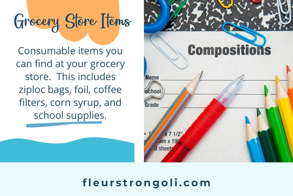 grocery store or consumable list. Picture of notebook with pencils, paperclips, and scissors