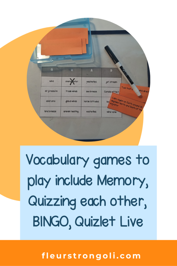 lists ideas of vocabulary games to play in the classroom