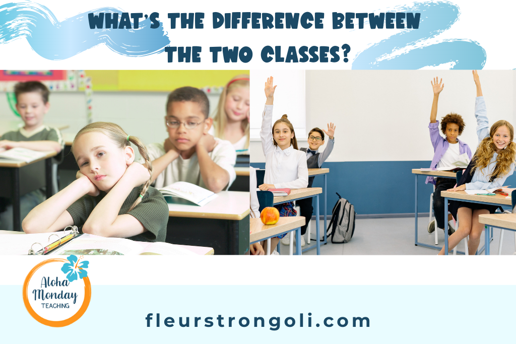 Shows two classes and asks what is the difference (one is bored, the other is engaged)
