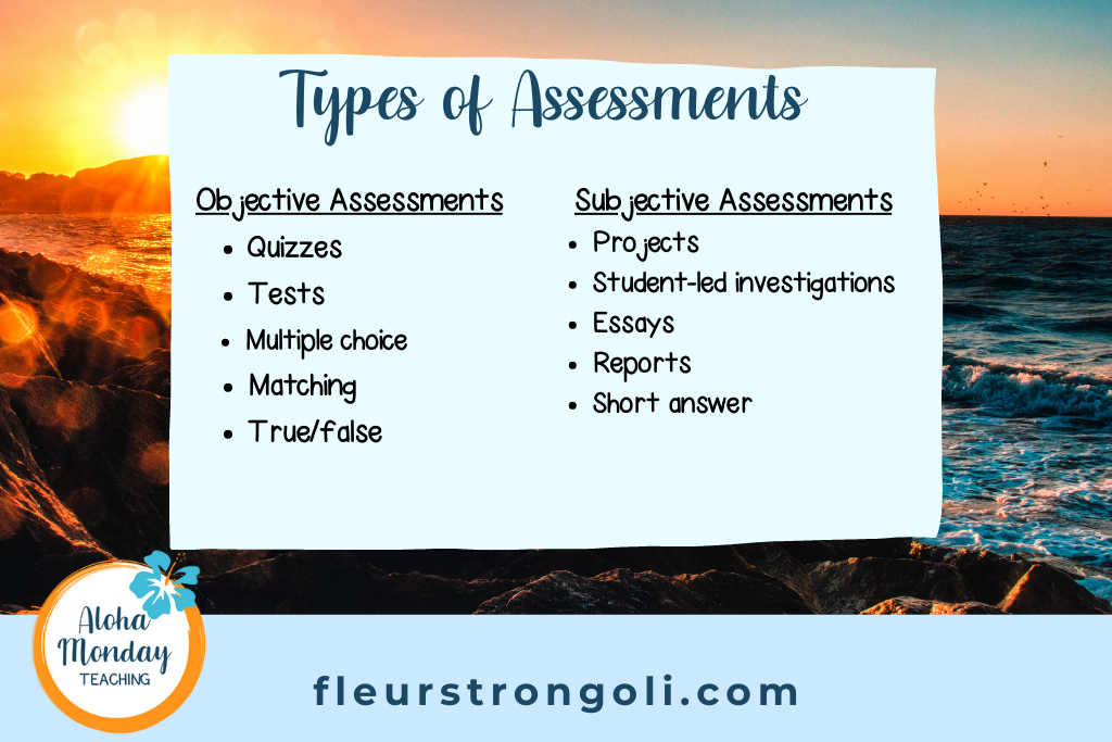 Chart showing the two types of assessments (objective, subjective) with examples.