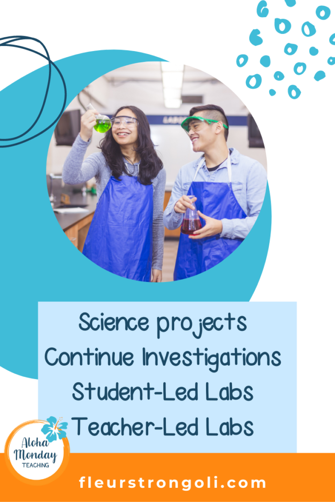 List: Science projects, continue investigations, student-led labs, teacher-led labs