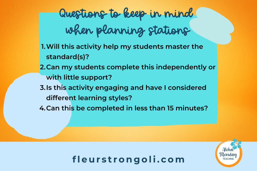 List of questions to keep in mind when planning science stations in the classroom