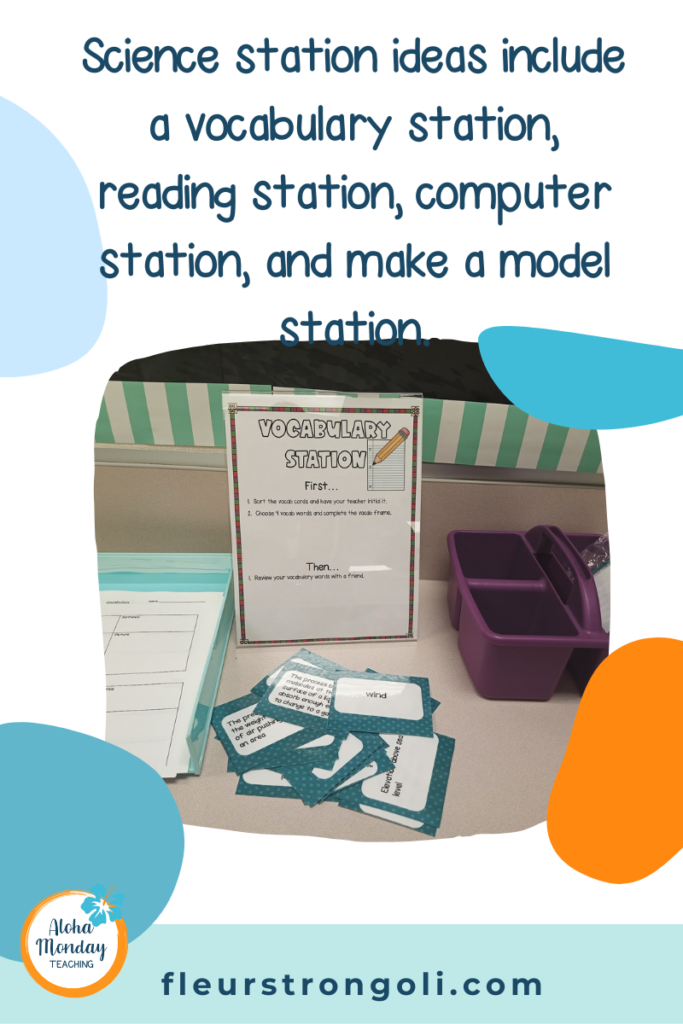 Science station ideas include a vocabulary station, reading station, computer station, and make a model station. Image of vocabulary station.