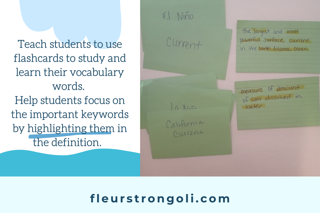 Image of flashcards- Teach students to use flashcards to study and learn their vocabulary words. Help students focus on the important keywords by highlighting them in the definition.