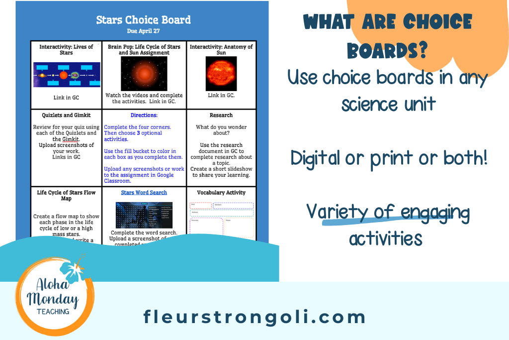 What are Choice Boards? Image of a choice board. Use choice boards in any science unit. Digital or print or both. Variety of engaging activities.