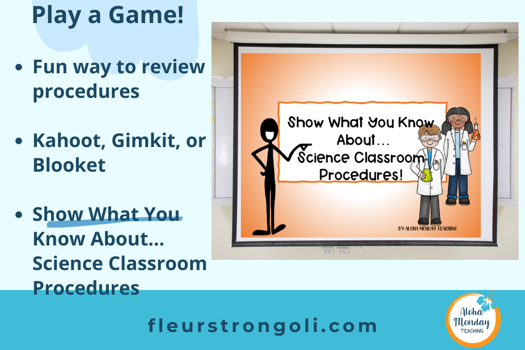 Picture of a powerpoint slide; Play a game! Fun way to review procedures; Kahoot, Gimkit, or Blooket; Show What You Know About...Science Classroom Procedures