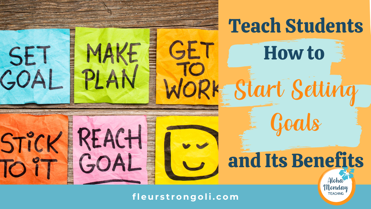 Title slide with goal setting steps on sticky notes. Teach Students How to Start Setting Goals and Its Benefits