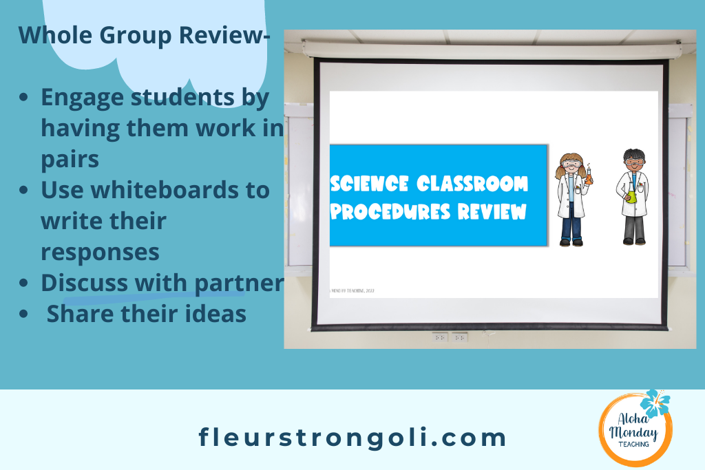 picture of a powerpoint slide for a whole group review. Engage students by having them work in pairs; use whiteboards to write their responses; discuss with partner; share their ideas