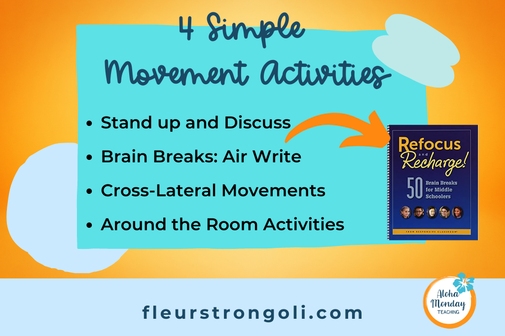 List of 4 simple movement activities with a picture of the book Refocus and Recharge