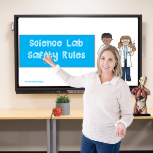 teacher pointing to lab safety power point on smart board