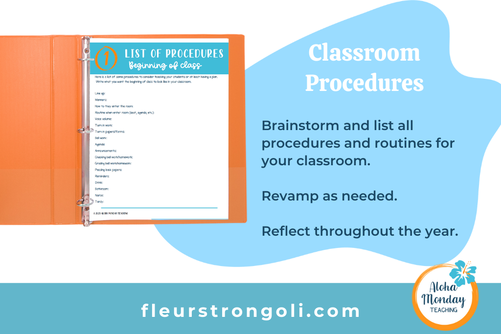 Classroom procedures image of a a binder page with list of procedures. Brainstorm and list all procedures and routines for your classroom. Revamp as needed. Reflet throughout the year.