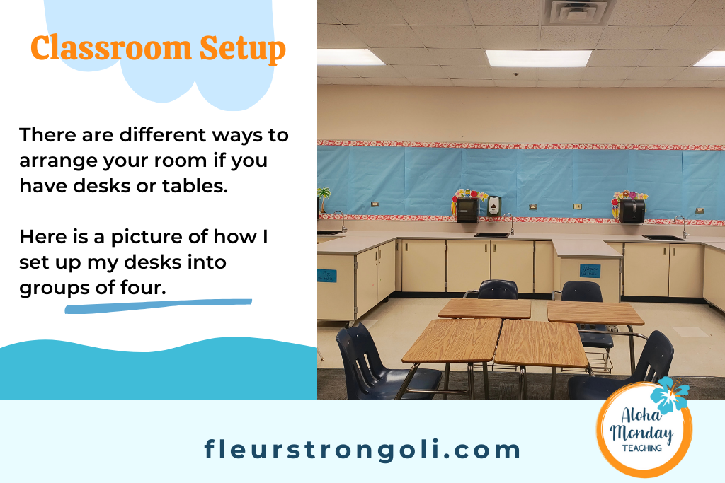 Classroom set up- image of desks in a group of four. There are different ways to arrange your room if you have desks or tables. Here is a picture of how I set up my desks into groups of four.