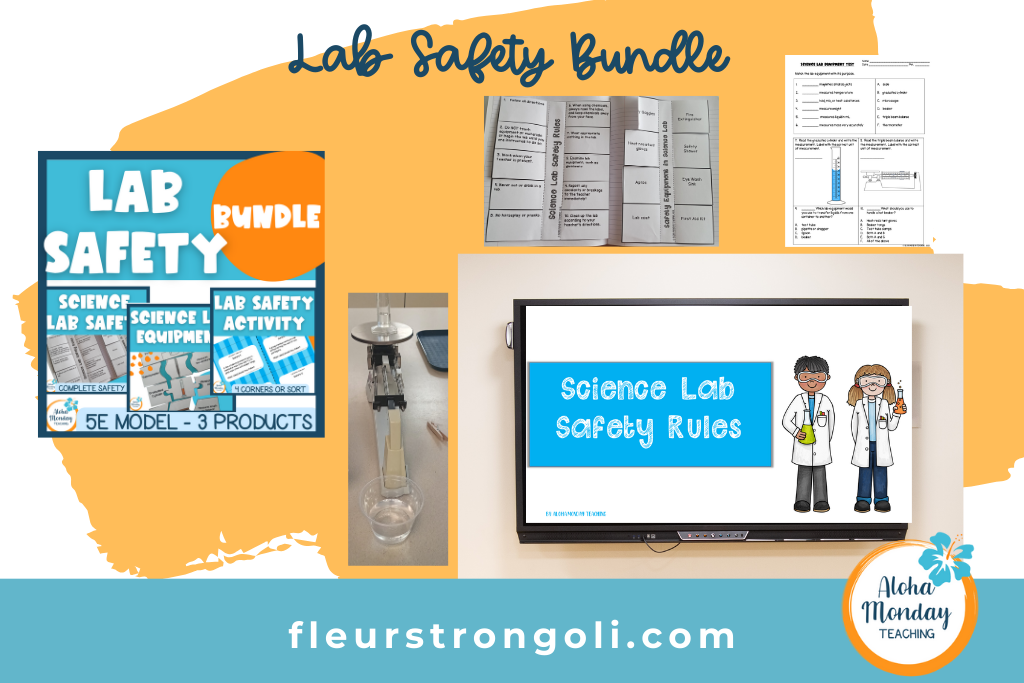 Shows a few images of what is included in the lab safety bundle. Image of a lab activity using a triple beam balance, notes pages, lab equipment test, and a lab safety rules power point.