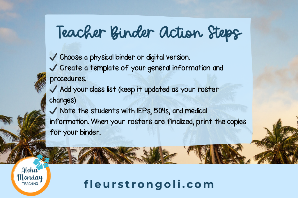 Teacher binder action steps- lists the action steps from this section