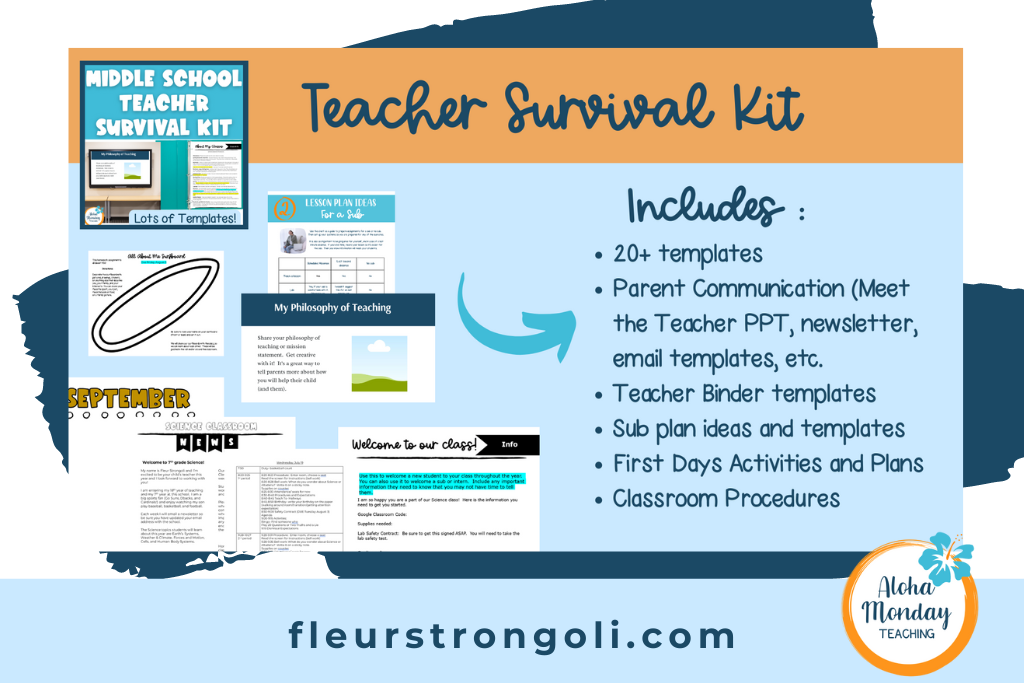 Teacher Survival kit- lists what is included in this resource along with some images