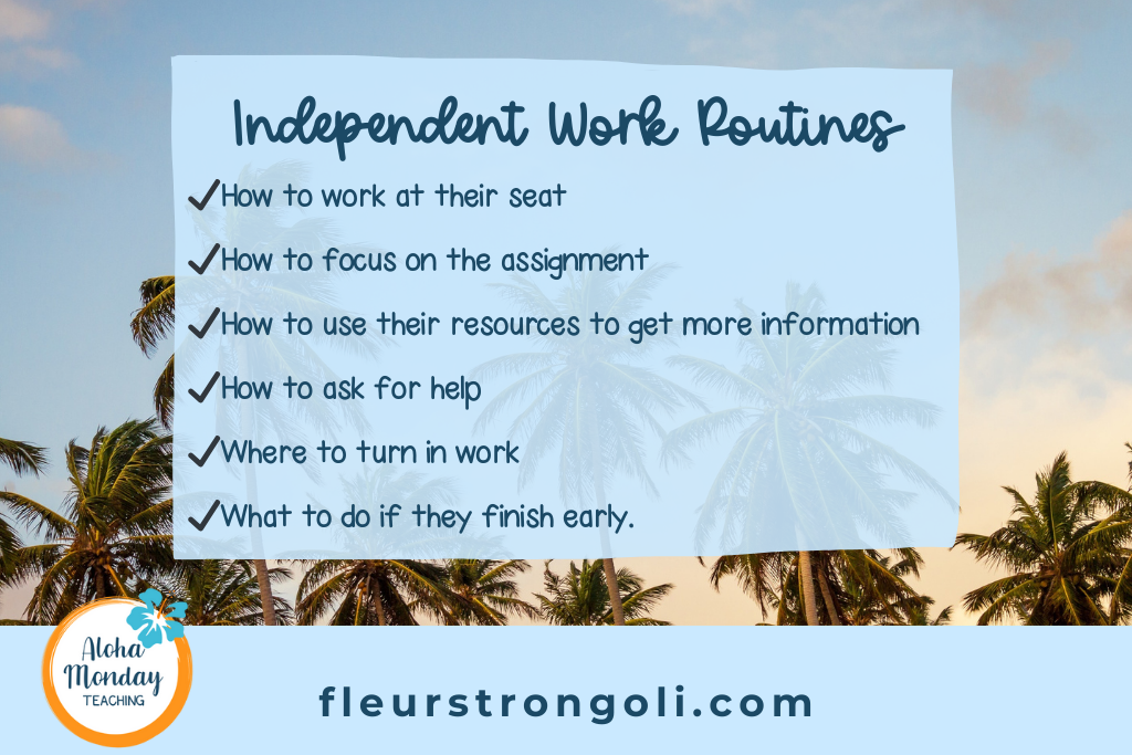 Lists routines during independent work: how to work at their seat, how to focus on the assignment, how to use their resources (if allowed) to get more information, how to ask for help, where to turn in work, and what to do if they finish early.