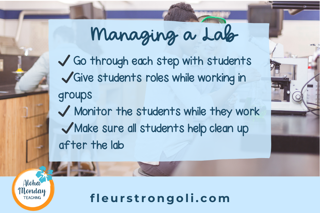 Managing a lab go through each step with students Give students roles while working in groups Monitor the students while they work Make sure all students help clean up after the lab