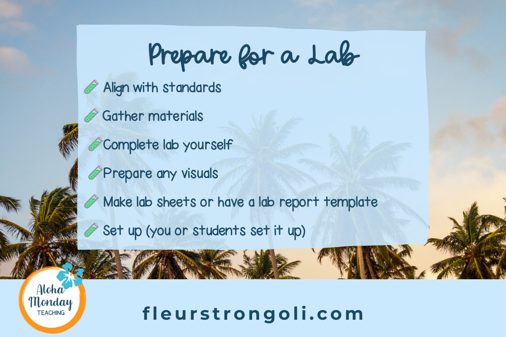 Prepare for a Lab Align with standards Gather materials complete lab yourself prepare any visuals Make lab sheets or have a lab report template set up (you or students set it up)