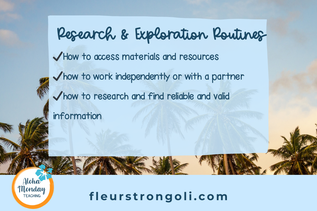 Lists routines during research and exploration; how to access materials and resources, how to work independently or with a partner, and how to research and find reliable and valid information,