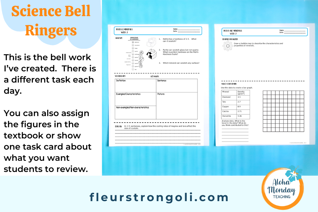 Image of two pages of bell work from the Rocks and Minerals resource. This is the bell work I've created. There is a different task each day. You can also assign the figures in the textbook or show one task card about what you want students to review.