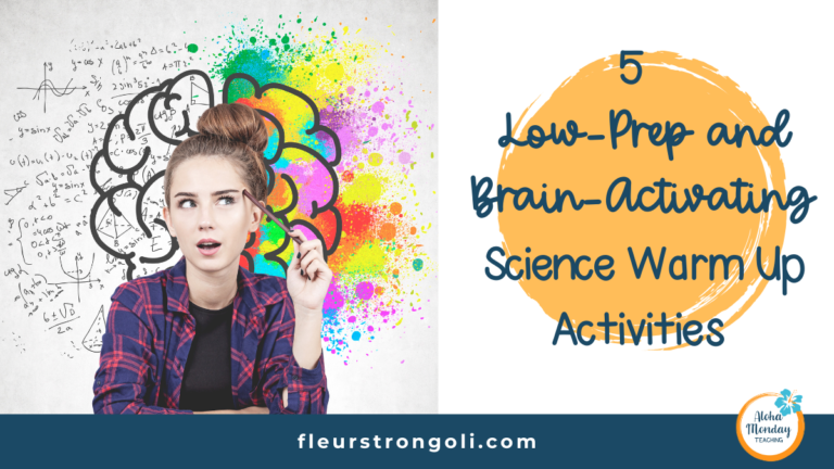 Title image 5 Low-Prep and Brain-Activating Science Warm Up Activities featuring a picture of a teenage girl thinking with a brain drawing in the background