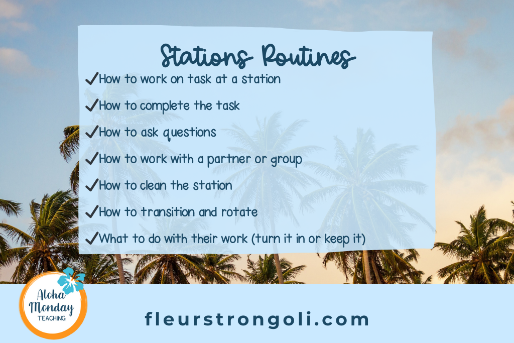 Lists the routines for stations- how to work at a station, how to complete the task, how to ask questions, how to work with a partner or group, how to clean the station, how to transition and rotate, and what to do with their work (turn it in or keep it).