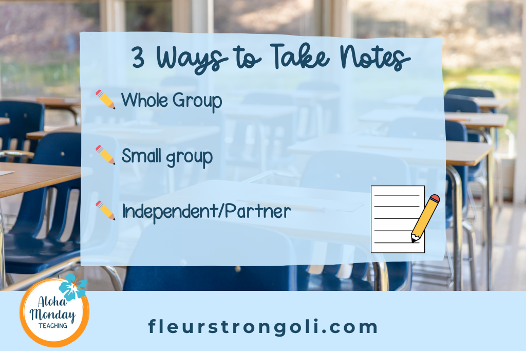 3 ways to take notes list: whole group; small group; independent/partner