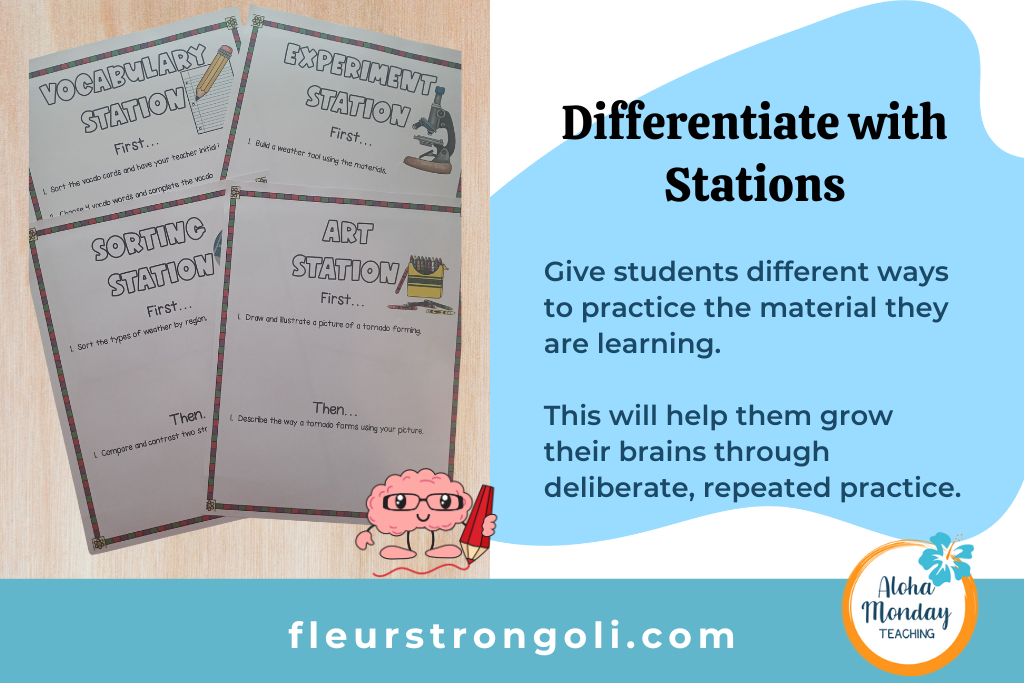 Differentiate with Stations- shows 4 different stations signs Give students different ways to practice the material they are learning. This will help them grow their brains through deliberate, repeated practice.