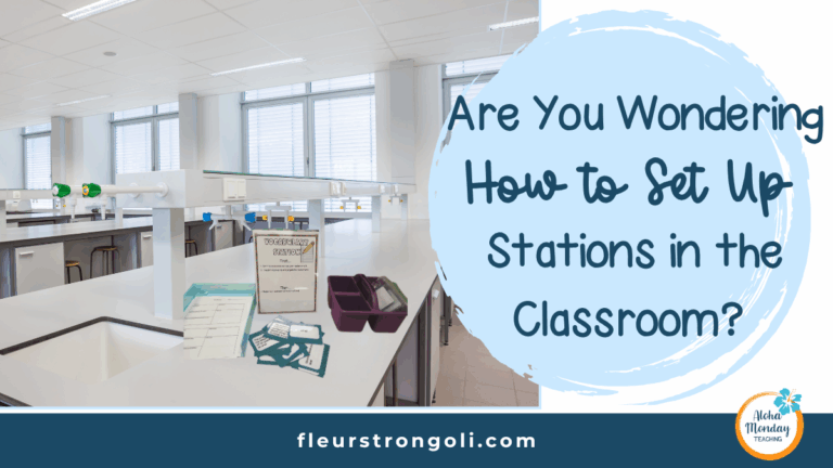 title with image of a science lab and stations on the table