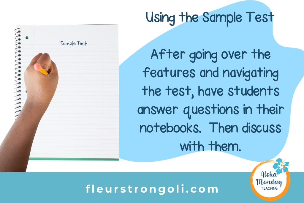 Photo of student writing in notebook. Text on next to photo says "Using the Sample Test. After going over the features and navigating the test, have students answer questions in their notebooks. Then discuss with them.