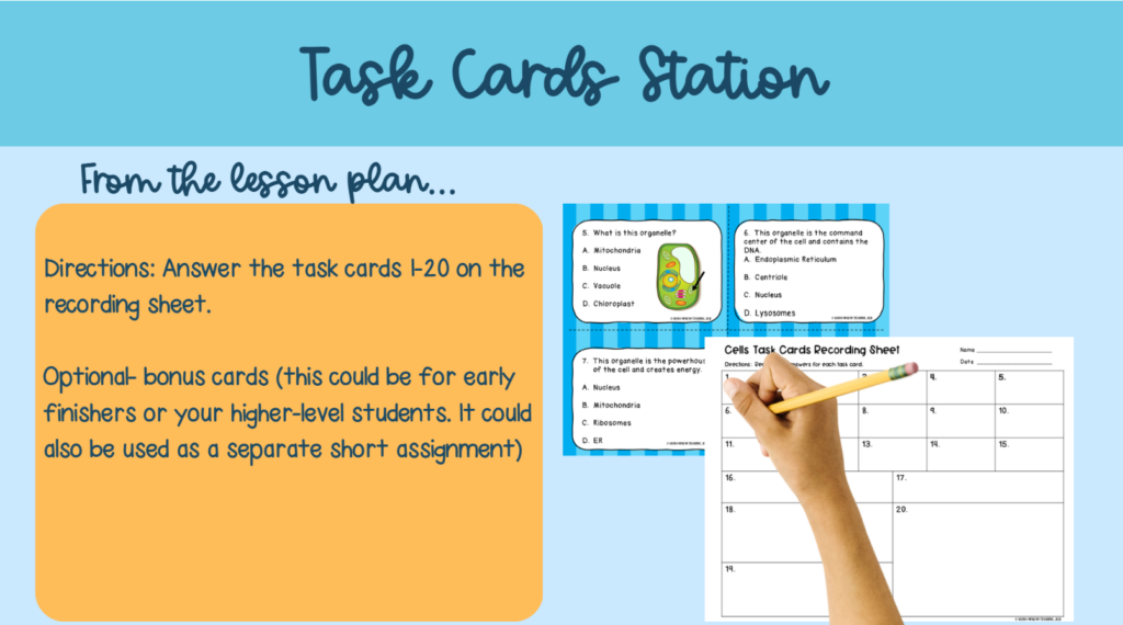 Task Cards Station- Shows an excerpt from the lesson plan and images of task cards and recording sheet