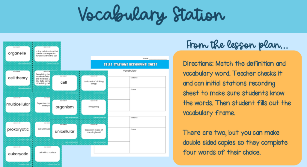 Vocabulary Station- Shows an excerpt from the lesson plan and images of vocabulary cards and a vocabulary frame worksheet